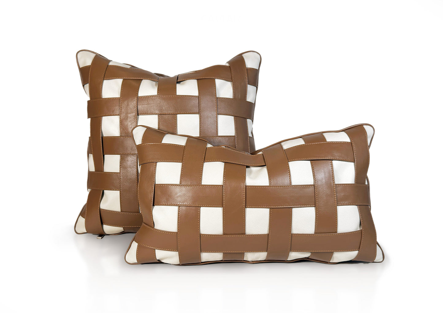 Terracotta Weave Large luxury decorative cushion – set Terracotta Tan goat leather and Soft Ivory calf leather, handmade in Romania.