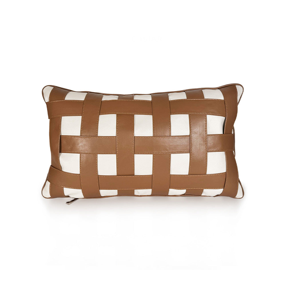 Terracotta Weave Small luxury decorative cushion – full handwoven front in Terracotta Tan goat leather and Soft Ivory calf leather, handmade in Romania.