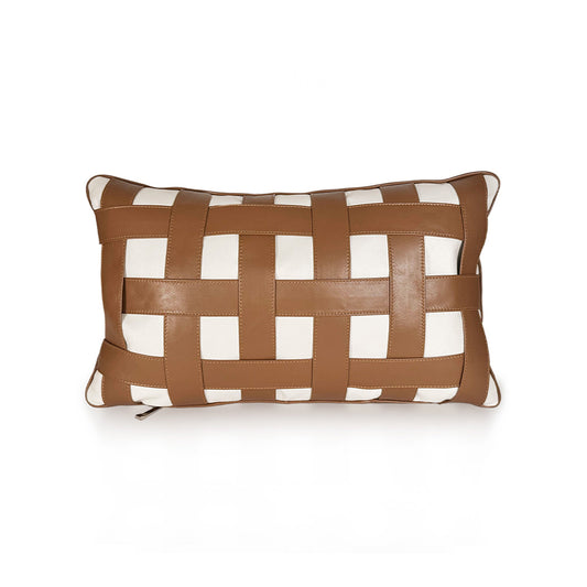Terracotta Weave Small luxury decorative cushion – full handwoven front in Terracotta Tan goat leather and Soft Ivory calf leather, handmade in Romania.