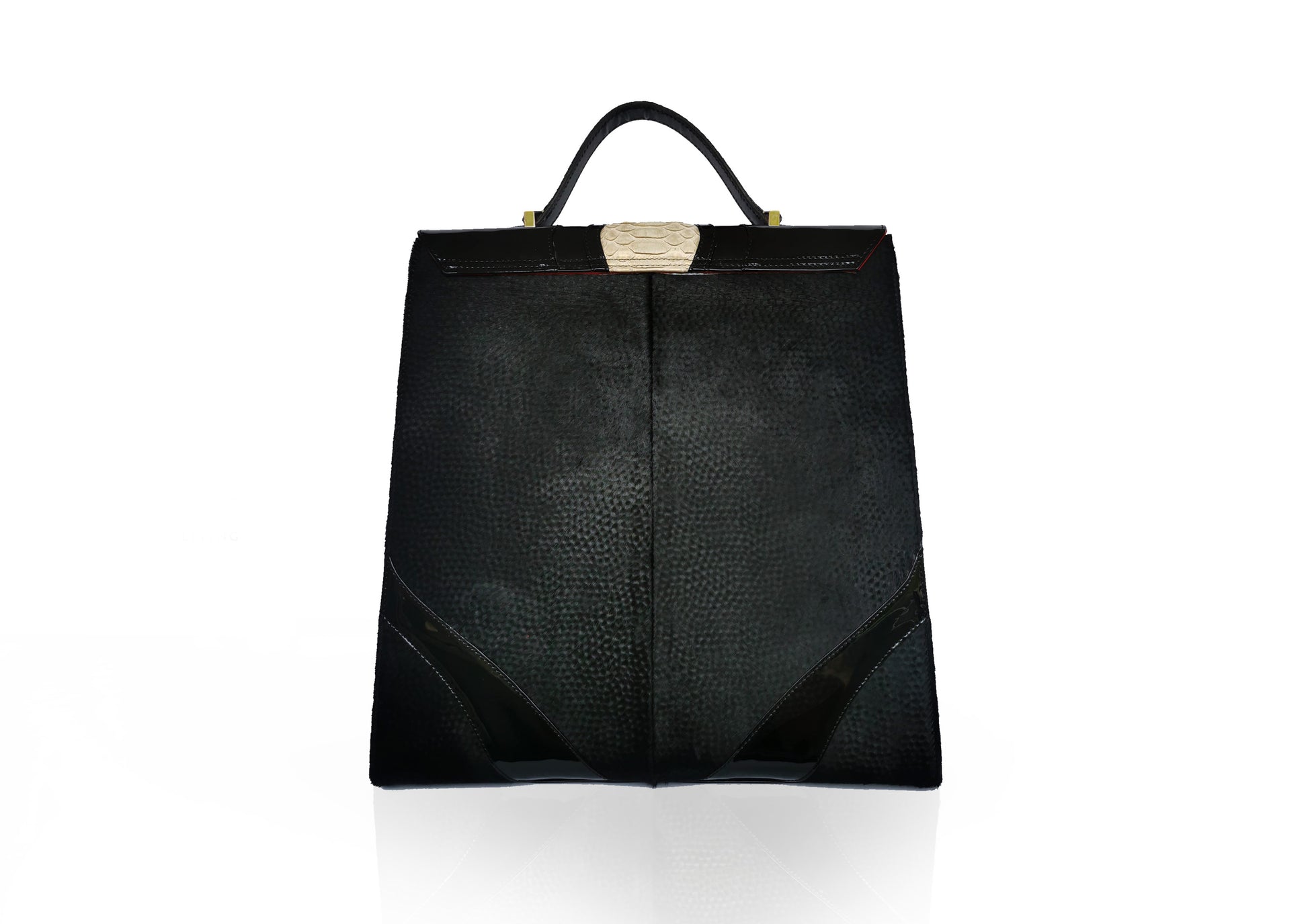 Elegant black handbag with python skin and pony leather details, handmade in Bucharest, Romania.
