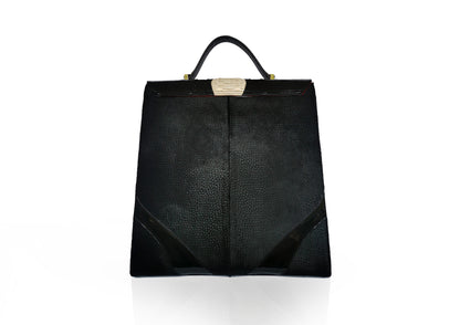 Elegant black handbag with python skin and pony leather details, handmade in Bucharest, Romania.
